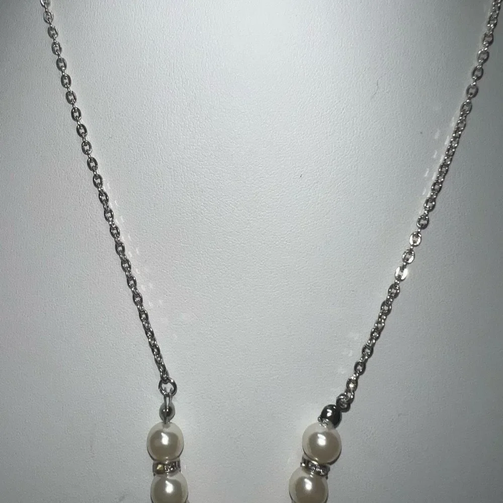 Silver Tone and Faux Pearl and Crystal Drop Necklace